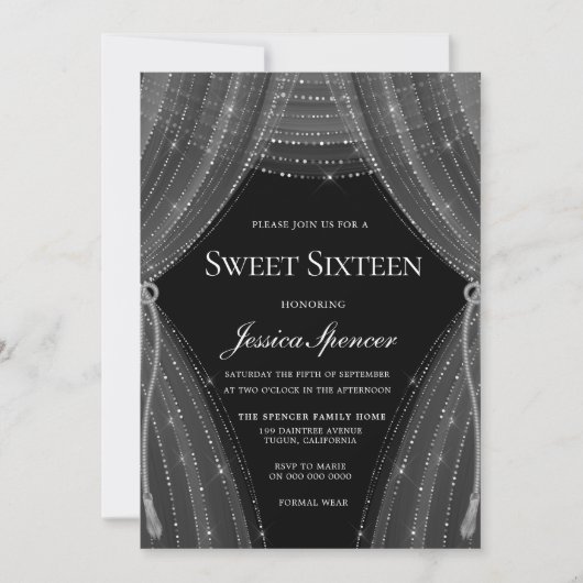Elegant Silver Curtains Sweet 16 Invite Kaart (Voorkant)