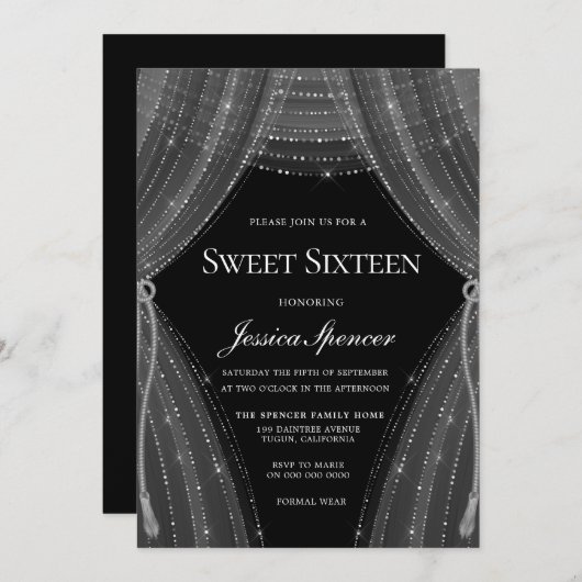 Elegant Silver Curtains Sweet 16 Invite Kaart (Voorkant / Achterkant)
