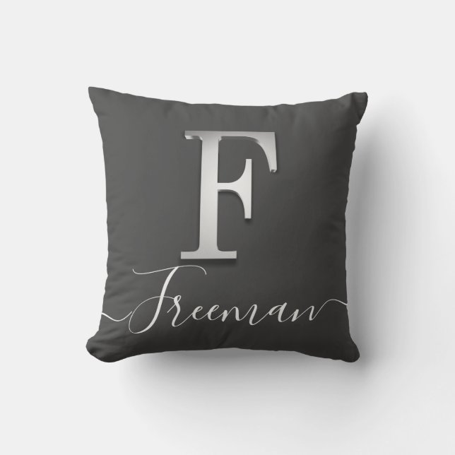 Elegant Silver Custom Monogram F Naam Sierkussen (Voorkant)