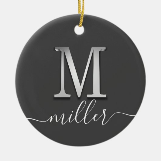 Elegant Silver Custom Monogram M Name Keramisch Ornament (Voorkant)