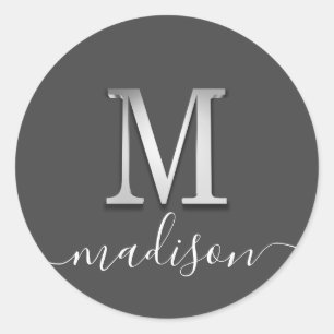Elegant Silver Custom Monogram M Name Ronde Sticker