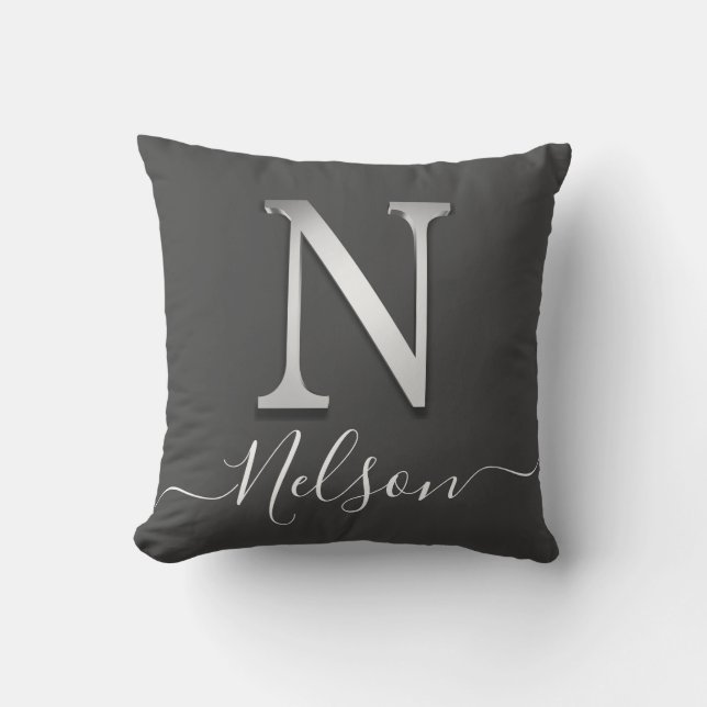 Elegant Silver Custom Monogram N Naam Sierkussen (Voorkant)