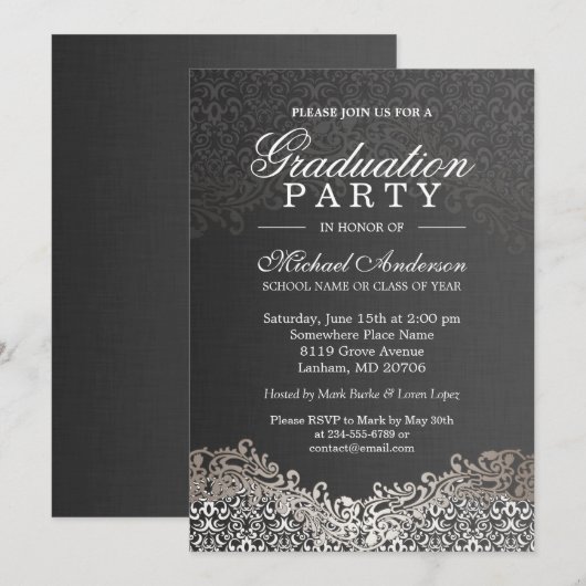 Elegant Silver Damask Afstudeerder Graduparty Kaart (Voorkant / Achterkant)