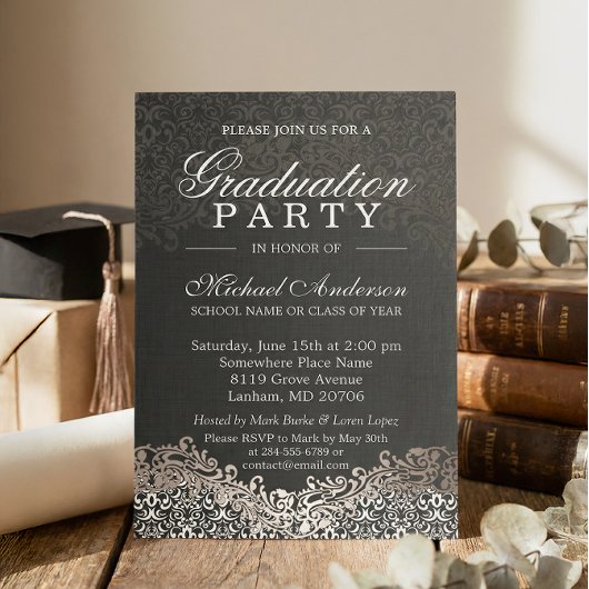 Elegant Silver Damask Afstudeerder Graduparty Kaart