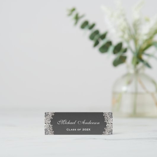 Elegant  Silver Damask Afstuderen Contactkaartje (Staand voorkant)
