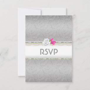 Elegant Silver Damask and Pink Rose RSVP