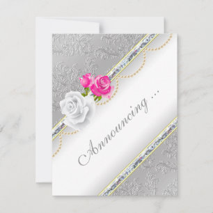 Elegant Silver Damask and Pink Rose Verloving Aankondiging