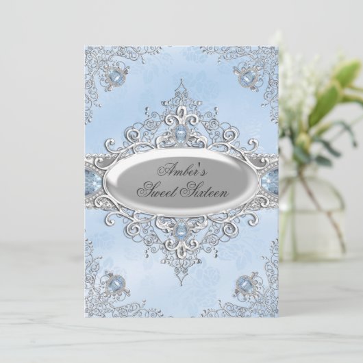 Elegant Silver Damask & Blue Jewel Sweet Sixteen Kaart (Staand voorkant)