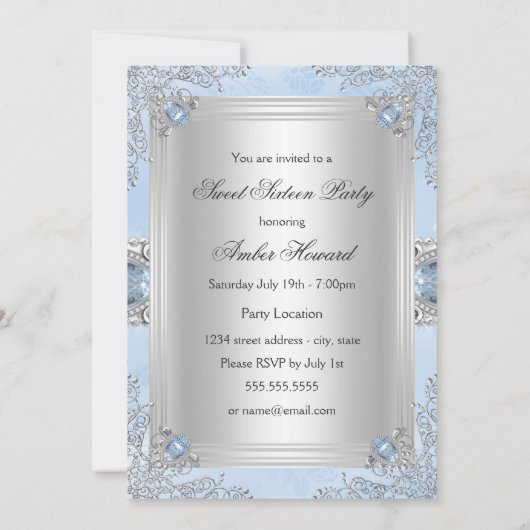 Elegant Silver Damask & Blue Jewel Sweet Sixteen Kaart (Achterkant)