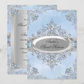 Elegant Silver Damask & Blue Jewel Sweet Sixteen Kaart (Voorkant / Achterkant)