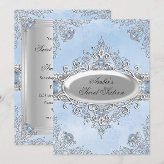 Elegant Silver Damask & Blue Jewel Sweet Sixteen Kaart (Voorkant / Achterkant)