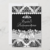 Elegant Silver Damask & Bow Quinceanera Invite Kaart (Voorkant)
