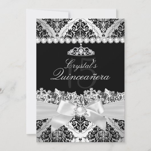 Elegant Silver Damask & Bow Quinceanera Invite Kaart (Voorkant)