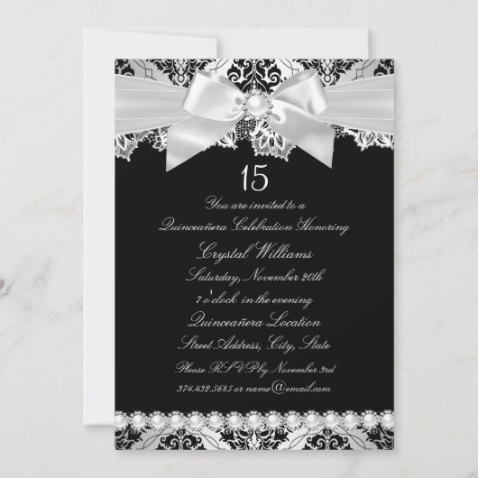 Elegant Silver Damask & Bow Quinceanera Invite Kaart (Achterkant)