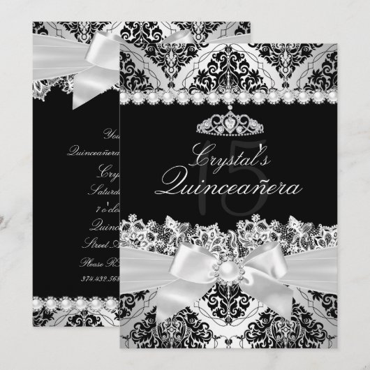 Elegant Silver Damask & Bow Quinceanera Invite Kaart (Voorkant / Achterkant)
