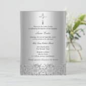 Elegant Silver Damask & Cross Baptism/Christening Kaart (Staand voorkant)
