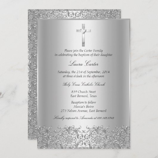 Elegant Silver Damask & Cross Baptism/Christening Kaart (Voorkant / Achterkant)