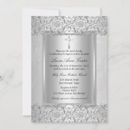 Elegant Silver Damask Cross Baptism/Christening Kaart