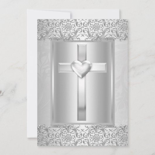 Elegant Silver Damask Cross Baptism/Christening Kaart (Achterkant)