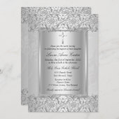 Elegant Silver Damask Cross Baptism/Christening Kaart (Voorkant / Achterkant)