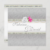 Elegant Silver Damask en Pink Rose Wedding Kaart (Voorkant / Achterkant)