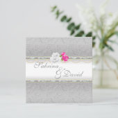 Elegant Silver Damask en Pink Rose Wedding Kaart (Staand voorkant)