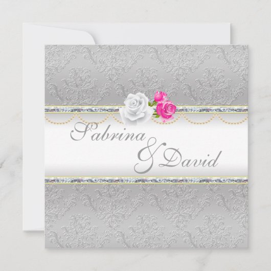 Elegant Silver Damask en Pink Rose Wedding Kaart (Voorkant)