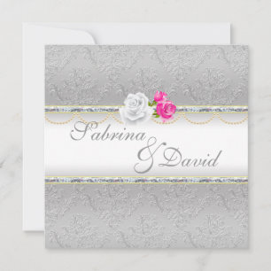 Elegant Silver Damask en Pink Rose Wedding Kaart