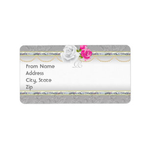 Elegant Silver Damask en Roos Monogram Address Etiket