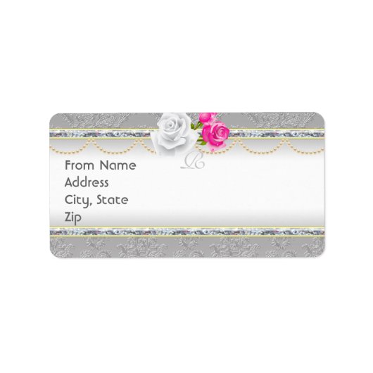 Elegant Silver Damask en Roos Monogram Address Etiket (Voorkant)