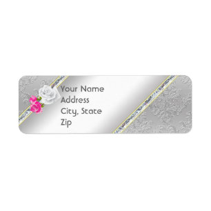 Elegant Silver Damask en Roze Rose Address Label