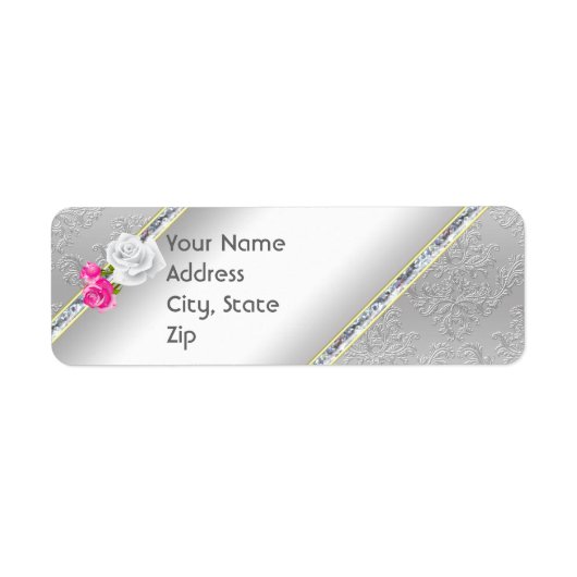 Elegant Silver Damask en Roze Rose Address Label (Voorkant)