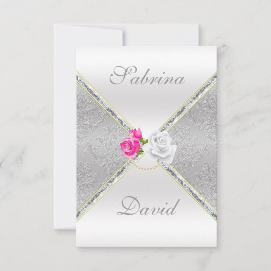 Elegant Silver Damask en roze Rose Reception Card Kaart (Voorkant)