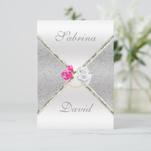 Elegant Silver Damask en roze Rose Reception Card Kaart (Staand voorkant)
