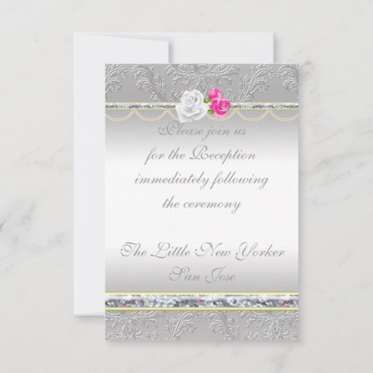Elegant Silver Damask en roze Rose Reception Card Kaart (Achterkant)