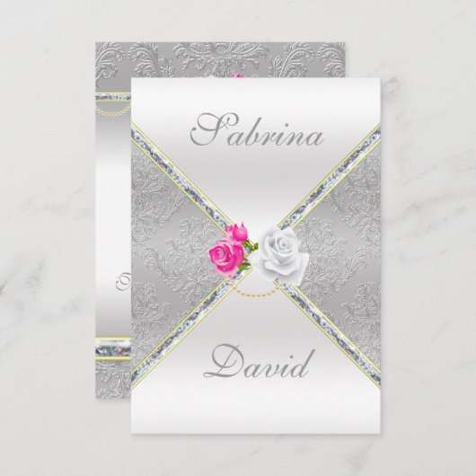 Elegant Silver Damask en roze Rose Reception Card Kaart (Voorkant / Achterkant)
