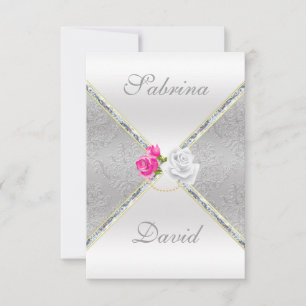 Elegant Silver Damask en roze Rose Reception Card Kaart
