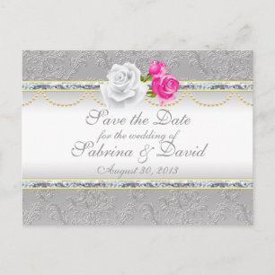 Elegant Silver Damask en Roze Rose sparen de Datum Aankondigingskaart