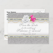 Elegant Silver Damask en Roze Rose sparen de Datum Aankondigingskaart (Voorkant / Achterkant)