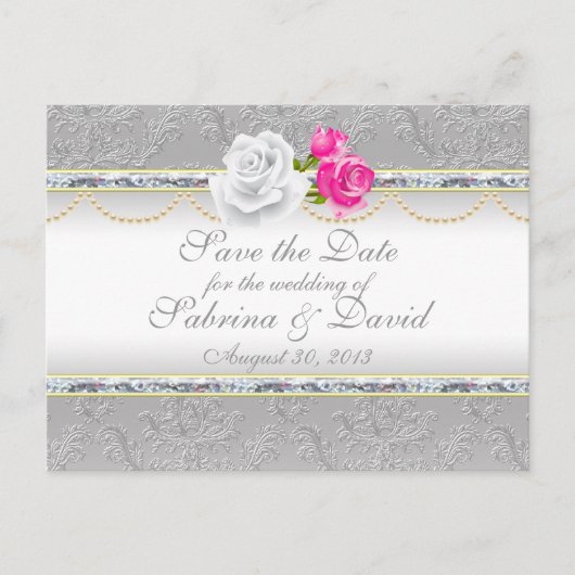Elegant Silver Damask en Roze Rose sparen de Datum Aankondigingskaart (Voorkant)