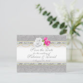 Elegant Silver Damask en Roze Rose sparen de Datum Aankondigingskaart (Staand voorkant)