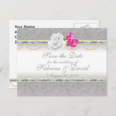 Elegant Silver Damask en Roze Rose sparen de Datum Aankondigingskaart (Voorkant / Achterkant)