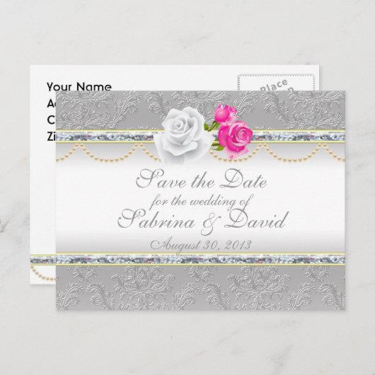 Elegant Silver Damask en Roze Rose sparen de Datum Aankondigingskaart (Voorkant / Achterkant)