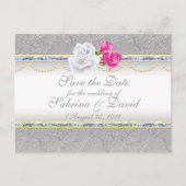 Elegant Silver Damask en Roze Rose sparen de Datum Aankondigingskaart (Voorkant)