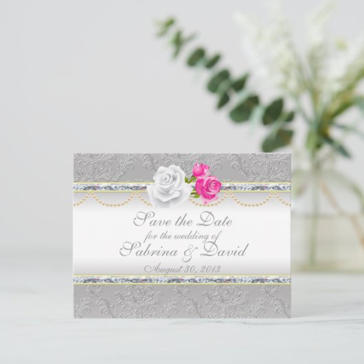 Elegant Silver Damask en Roze Rose sparen de Datum Aankondigingskaart (Staand voorkant)