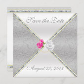 Elegant Silver Damask en Roze Rose sparen de Datum Save The Date (Voorkant / Achterkant)