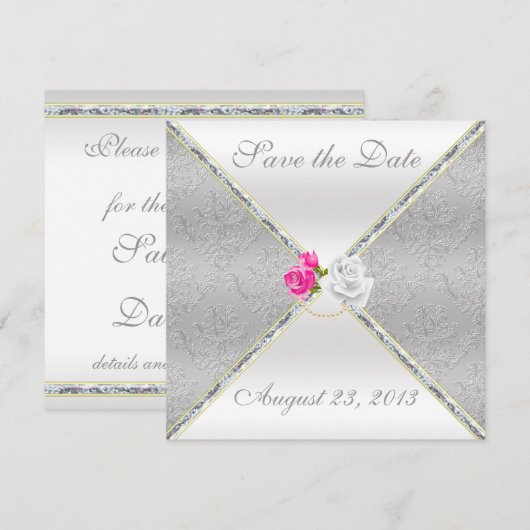 Elegant Silver Damask en Roze Rose sparen de Datum Save The Date (Voorkant / Achterkant)