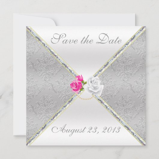 Elegant Silver Damask en Roze Rose sparen de Datum Save The Date (Voorkant)