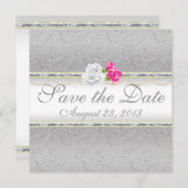 Elegant Silver Damask en Roze Rose sparen de Datum Save The Date (Voorkant / Achterkant)