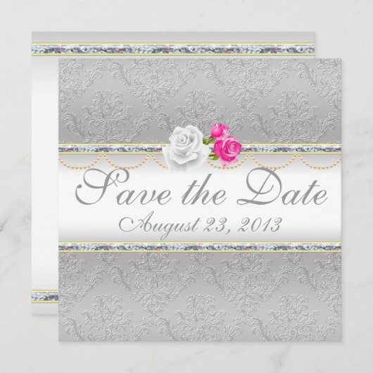 Elegant Silver Damask en Roze Rose sparen de Datum Save The Date (Voorkant / Achterkant)